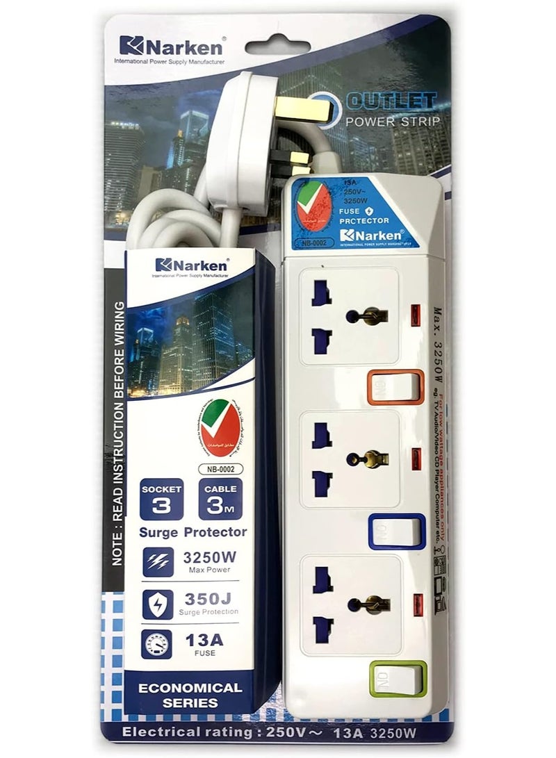 Narken E Series Electric Universal Extension Cord 3 Socket 3 Meter Power Strip wire 13A Fuse surge With Separate Single Switch and Indicate light Max 13A 3250W AC 250V White. - Image 3